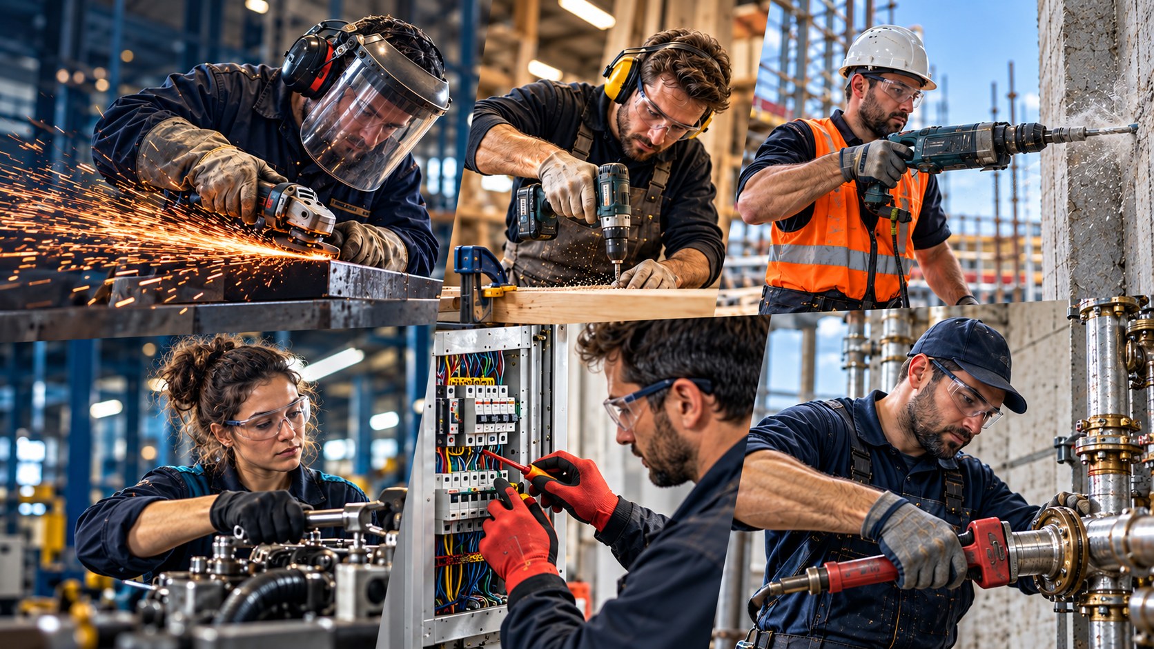 Operai e artigiani con dispositivi di protezione al lavoro in officina, cantiere e industria